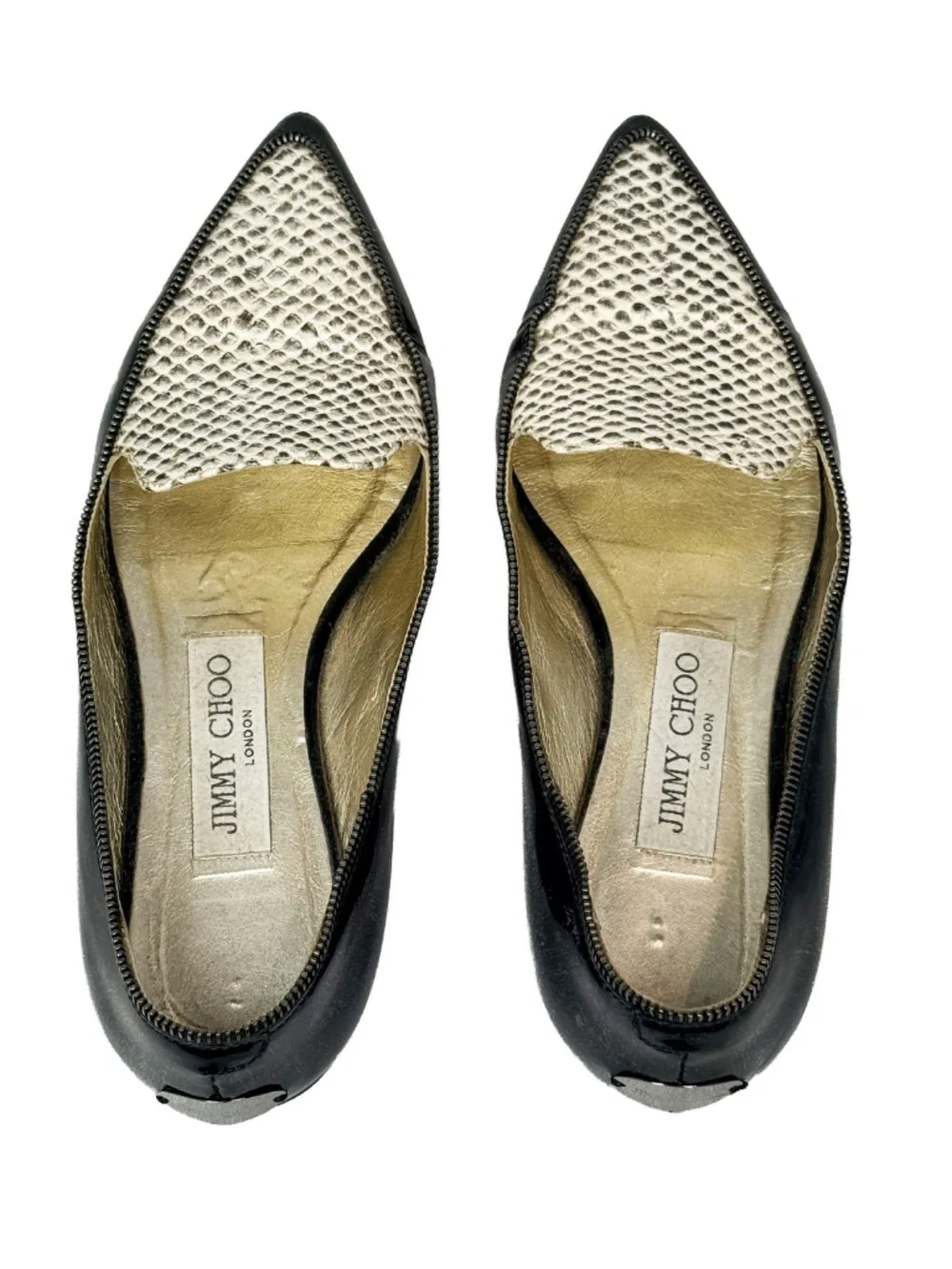 Jimmy Choo Black Patent Leather Snakeskin Pointed Toe Flat Size 35 Silver Logo